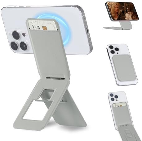 iontech Phone Stand Tripod Wallet Compatible with MagSafe iPhone 17/16/15/14/13/12 Series, 3 in 1 Strong Magnetic Phone Holder, Vegan Leather Wallet, Lightweight & Adjustable Cell Phone Stand (Grey)