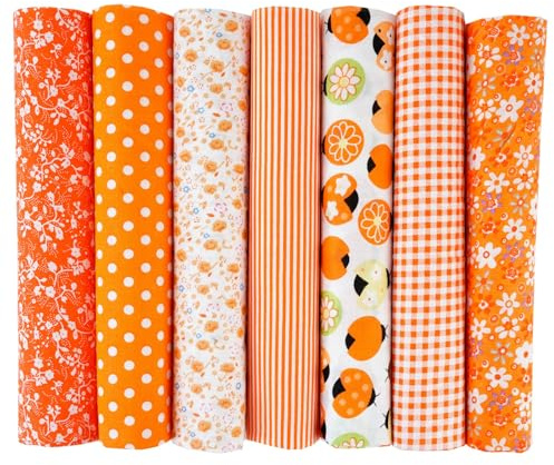 EXGOING 7pcs Fat Quarters Fabric Bundles, 20x20in (50x50cm) Precut Cotton Quilting Fabric Squares for Sewing, Patchwork & DIY Crafts, Floral Easter Material for Bags & Home Décor(Orange)