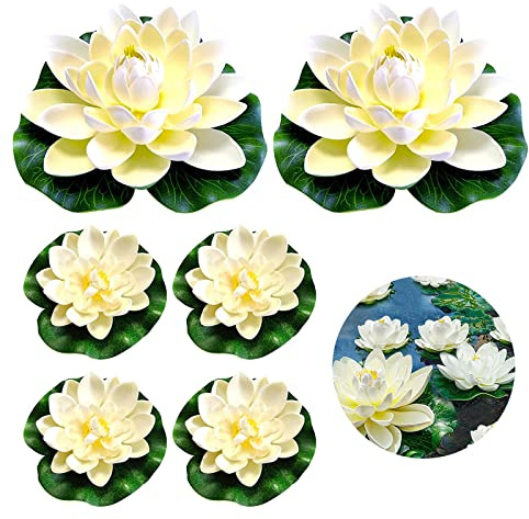 PLATEYTR Schwimmende Blumen 6 Stück, Künstliche Seerosen Weiß Seerose Lotusblüte 10/18cm Lotusblüte Wasserlilie für Verwendet in Pools, Aquarien, Bachszenen(10cm×4+18cm×2)