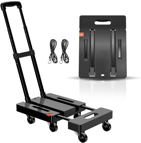 Carretilla de mano plegable con tubos de extremo para automóvil, carrito de equipaje resistente de 500 lb, con 6 ruedas y 2 cuerdas elásticas para equipaje, viajes, tienda, carretilla de mano pesada