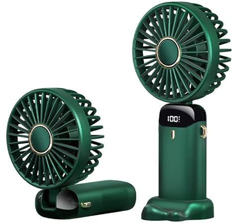 Rainberg Rechargeable Hand held Fan with LED Display, 5-Speed Settings, 5000mAh Battery, 90-Degree Adjustable, Desk Fan, Hand Fan, Portable fan, Quiet Cooling, Compact Design, USB Charging (Green)