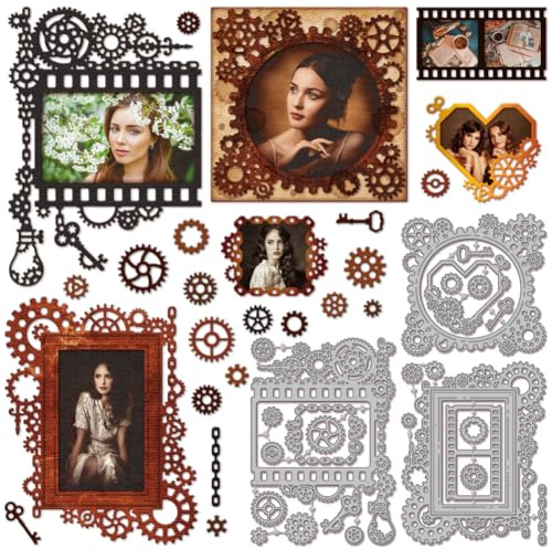 GLOBLELAND Plantillas de corte para marcos de fotos con motivo vintage de engranajes para manualidades, scrapbooking, marcos de película retro, plantillas de metal, llaves, plantillas para fabricación