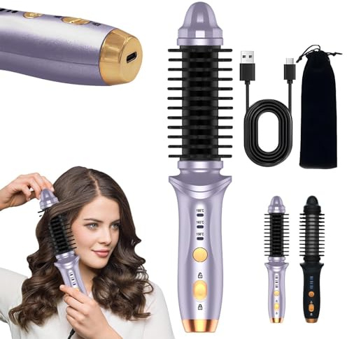 Cordless Hot Brush for Short Hair - Heated Round Curler & Thermal Curling Iron for Women, USB Mini Hair Straightener Portable Curling Brushes, Curly Straight Hair Travel Heat Styling（Purple）