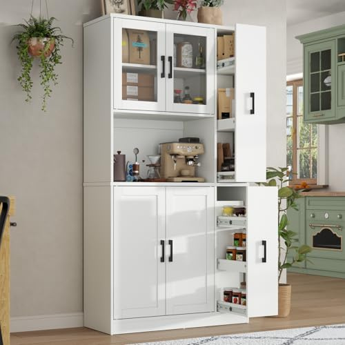 Gyfimoie 68 Tall Kitchen Pantry Cabinet with Side Drawer, Kitchen Pantry Storage Cabinet with Acrylic Door,Freestanding Food Hutch with Microwave Stand for Dining Room (White)