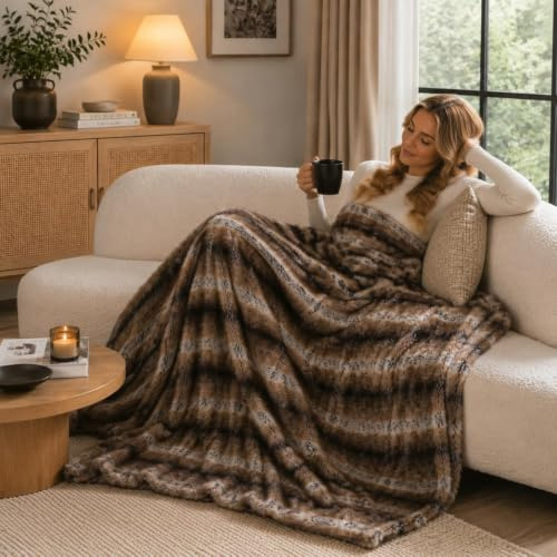 DREAMLANDING Luxury Faux Fox Fur Throw Blanket Long Fluff Fuzzy Thick Cozy Warm Blanket for Sofa Couch Bed Home Decor with Soft Cozy Velvet Back for Winter (Khaki,150200cm)