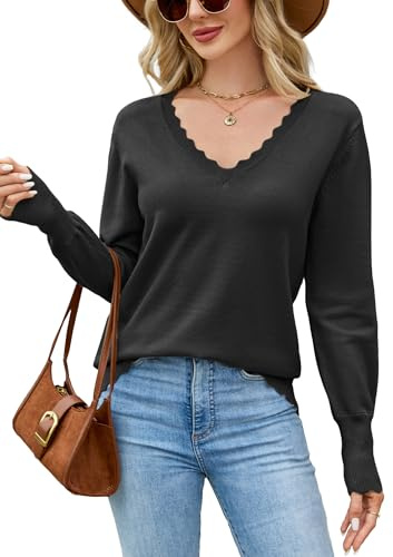 Famulily Jumpers for Women Soft Elegant Sweater Ladies Scallop V Neck Tops Threaded Hem and Cuffs Fashion Tunic Black L