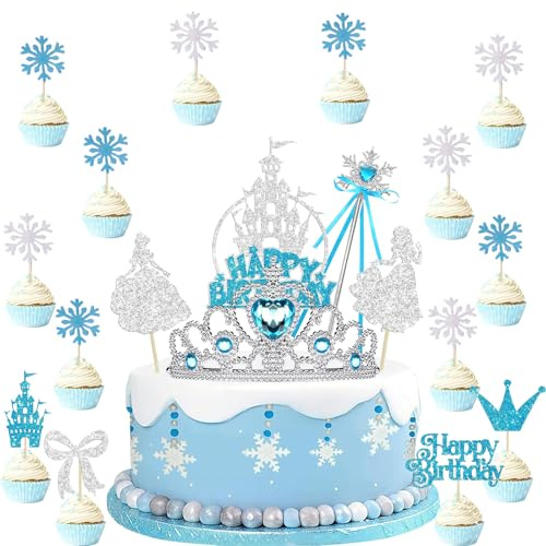 YINcrinx 29 Stück Frozen-Kronenschneeflocken-Stäbchen zur Dekoration von Kinderkuchen, blau-silberne Schneeflocken-Burg-Geburtstagskuchen-Dekoration, Elsa, Cinderella-Geburtstagsparty