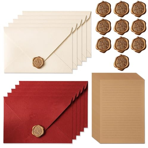 Briefpapier mit Umschlag, 40 Stück Set mit 10 Umschläge Vintage und 10 Wachssiegel Selbstklebend, 20 A5 Briefpapier Vintage Papier, Perfekt für Geburtstag Hochzeit Einladung