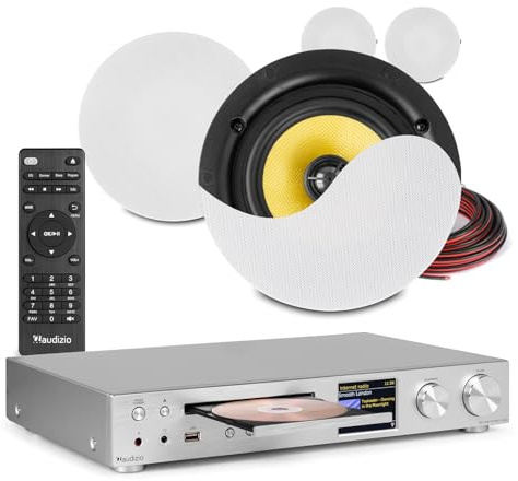 4x PD KVCS6 Ceiling Speaker System with Bolzano WiFi Amplifier, Bluetooth, CD, Internet Radio, DAB+, USB – Installed Sound Package for Home Audio and Multi-Room Music, Aluminium Finish