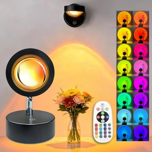 Ecloom RGB Wall Mount Sunset Projector Lamp, 16 Color Changing Wireless Smart Remote Ambient, 360° Rotation, Sunrise Sunlight Mood Decor Light with USB for Bedroom, Living Room
