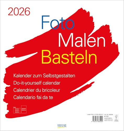 Foto-Malen-Basteln Bastelkalender weiß groß 2026: Fotokalender zum Selbstgestalten. Bastelkalender mit festem Fotokarton. Do-it-yourself Kalender Format: 45,5 x 48 cm