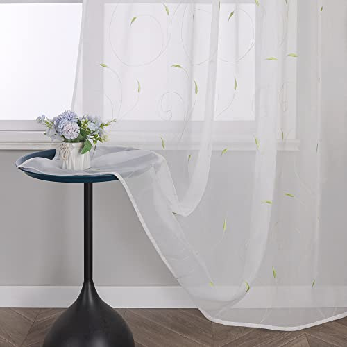 Yujiao Mao 1er-Pack Stickerei Gardine in Blätter Muster Wohnzimmer Schlafzimmer Mordern Vorhänge mit Schlaufen Transparent Gardinenschal BxH 140x245cm Grün