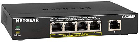 NETGEAR GS305P Switch Ethernet Poe 5 Porte Gigabit, 4 Porte Poe e Budget energetico Pari a 55W, Switch unmanaged Desktop, Struttura in Metallo Senza ventole