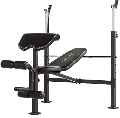 Tunturi Hantelbank WB60, verstellbare Rückenlehne, Langhantelablage, Beintrainer, Langhantelablage