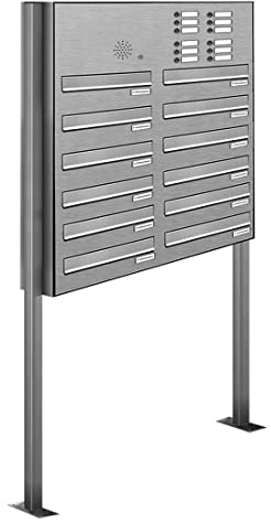 AL Briefkastensysteme 12er Edelstahl Durchwurfbriefkasten, 12 Fach Briefkasten mit Klingel, wetterfeste Standbriefkastenanlage Antrazitgrau mit zwölf Fächern