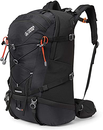 Terra Peak Wanderrucksack 40L Damen Herren Flex 40 Erwachsene schwarz groß - Trekking, ergonomisch - Outdoor Daypack wasserdicht - Wander-Rucksäcke leicht mit Rückenbelüftung zum Wandern