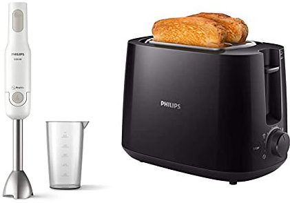 PHILIPS Frullatore Ad Immersione Hr2534/00, Nuova Daily Collection, 650W & Daily Collection ‎Hd2581/90 Tostapane Con 8 Impostazioni E Griglia Scaldabriosche Integrata, Nero