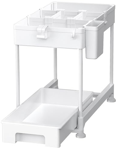 SPACEKEEPER Under Sink Storage Shelf,2 Tier Slide Out Under Cabinet Basket Drawer,Multi-Purpose Slim Organizer for Kitchen Bathroom,Bottom Slide Out Basket,40x22x31cm,White