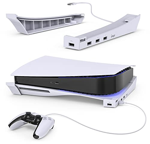 MENEEA Horizontaler Ständer für PS5 Konsole mit 4-Port USB Hub, Upgraded Zubehör Basis Halterung für Playstation 5 Disc & Digitale Editionen, 1 USB 2.0 Datenanschluss & 3 Erweiterung der Ladebuchse