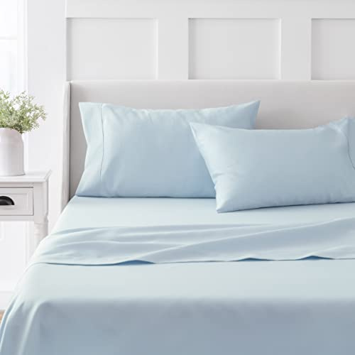 Martha Stewart 100% bomull full storlek lakanset – 4 delar, mjuka, släta, hållbara, enkla att sköta, 40 cm djupa ficklakan, sängkläder, satellakan, 1 platt, 1 monterad, 2 örngott, ljusblå