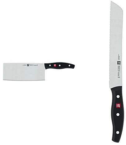 Zwilling Twin Pollux Chinesisches Kochmesser, 7 Zoll & 1001371 Brotmesser, Klingenlänge: 20 cm, Klingenblatt mit Wellenschliff, Rostfreier Spezialstahl/Kunststoff-Griff, Twin Pollux, Schwarz,