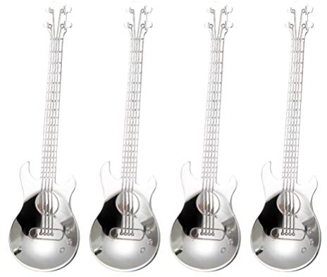 4 Stück Gitarrenlöffel, Edelstahl Mini Gitarrenform Kaffeelöffel Tragbares und Leichtes Gitarrenlöffel Set für Kaffeemixer Kuchenlöffel Dessertlöffel