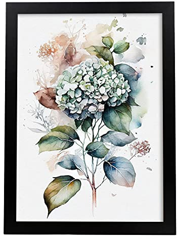 Nacnic Ortensia Poster in stile acquerello Fiore Pianta Illustrazione minimalista botanica Sfondo bianco Stampe artistiche per la interni di casa soggiorno Modello 3 A3 con cornici nere