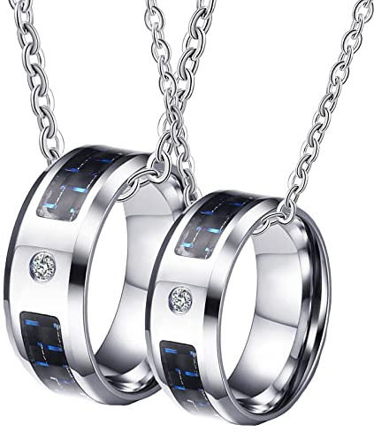 BCughia Partner Kette mit Ring, Partner Halsketten für Sie und Ihn Silber Halskette Gravieren 8 mm Silberring mit Kohlefasereinlage Necklace für Frauen