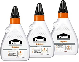 Ponal Express Holzleim, transparent und schnell trocknender Holzkleber für vielseitige Verleimungs- & Bastelarbeiten, wasserfester Leim in praktischer Flasche, 3x225g