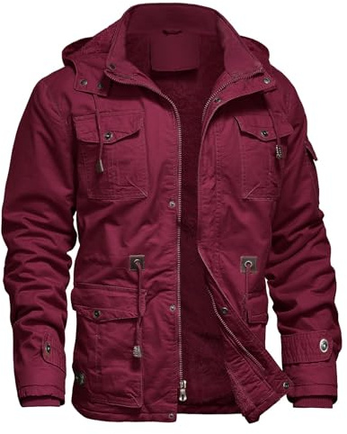 Dr.Cyril Mens Jacket Winter Casual Fleece Lined Cotton Thick Military Tactical Hooded Work Coats with Cargo Pockets，Wine Red L
