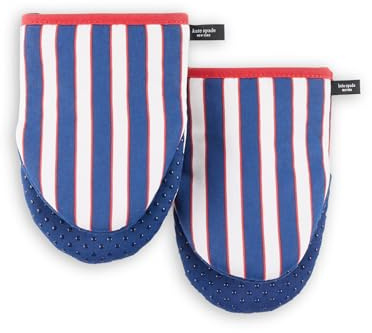 Kate Spade New York Botanical Stripe Mini Oven Mitt 2-Pack Set, 5.5 x 8, Navy Blue/Red