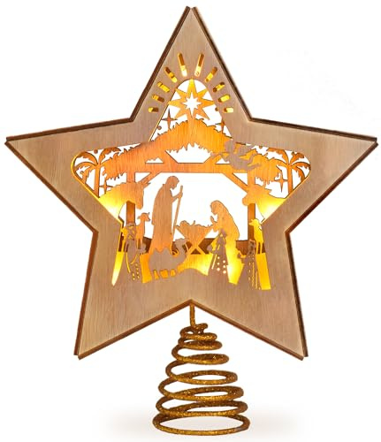 GHOSTMAGIC Krippe Weihnachtsbaum Stern Topper Beleuchtet, 3D Holz Weihnachtskrippe Stern für Weihnachtsbaum, Krippe Set Weihnachtsbaum Dekorationen, LED Xmas Decor Ornamente für Innen (Krippe)