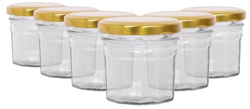 Argon Tableware Glass Jam Jars with Airtight Gold Lids - 90ml - Pack of 6 - Empty Screw Top Kitchen Storage Jar for Food, Honey, Spice, Pickling, Preserving, Candle Making