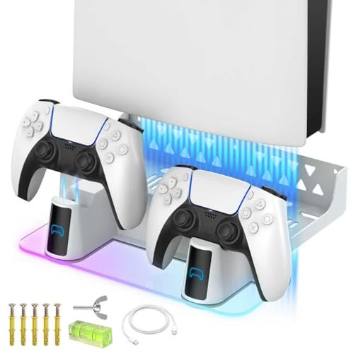MEQI PS5 Wall Mount Kit Accessories with Charging Station, Metal Wall Hanging Stand with Multi-Mode RGB Light for Playstation 5/PS5 Slim/PS5 Pro Console Disc/Digital versions