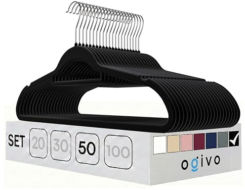OGIVO Kleiderbügel Samt 50er Set (Schwarz) 360° drehbarer Haken rutschfest | Hangers Clothes, Krawattenhalter, Schulterkerben, Hosenbügel, 360° drehbarer Haken, rutschfest