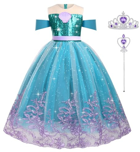 AOOWU Sjöjungfrudräkt för flickor, Sjöjungfruklänning med rosett med krona och trollstav, Sjöjungfruprinsessdräkt för flickor Halloween Cosplay Carnival (140CM)