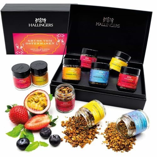 Hallingers Genuss Manufaktur Tee Oster-Geschenk-Set - 5 Sorten premium loser Tee Probierset in edler Geschenkbox mit Rezept-Booklet Gruß vom Osterh..., Ostern Körbchen für Frauen Männer