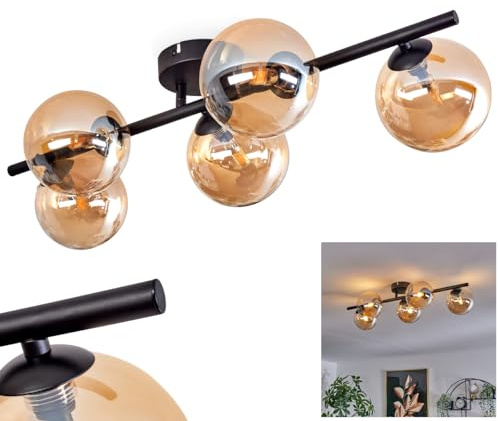 HOFSTEIN Deckenleuchte Chehalis, Deckenlampe aus Metall/Glas in Schwarz/Bernsteinfarben, Leuchte im Retro/Vintage-Design mit Schirmen aus Glas (Ø 12 cm), 5 x G9 LED