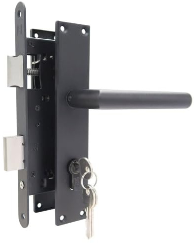 Einsteckschloss Gartentor Set Schwarz – Türschloss 72 mm Dornmaß 45 mm inkl Edelstahl Griffe Türschild Zylinder 35/35 mit 3 Schlüsseln