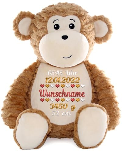 Elefantasie Personalisiertes Stofftier AFFE Kuscheltier Bestickt Plüschtier zur Geburt Stickmotiv Geburtsdaten