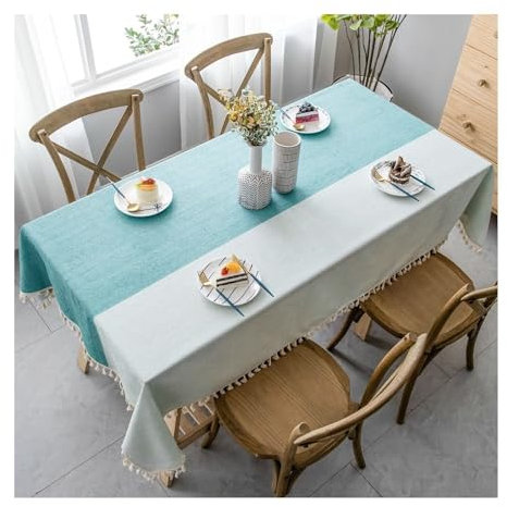 Epinki Tischtücher 90x140CM, Tischwäsche Farbblockierung mit Quaste Baumwolle Leinen, Biertisch Tischdecke Abwaschbar für Küche, Esstisch, Couchtisch, Parteien, Abendessen, Grün