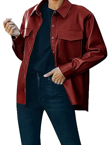 Beokeuioe Americana de piel sintética retro ligera chaqueta de cuero para mujer, camisa de cuero, chaqueta gótica, blusa de manga larga, chaqueta de piel sintética, chaqueta de entretiempo, chaqueta