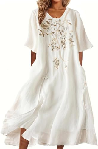 LLECDASEUI Femmes - Robe Longue En Coton Brodé De Fleurs Robe Maxi En Lin Eté Classique Demi Manches Rondes, Col Rond, Robes Fluides (01 Blanc,XXL)