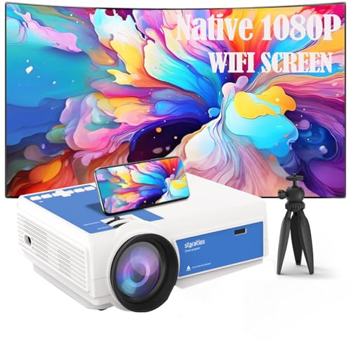 Projector with Wifi and Bluetooth,Staratlas Native Resolution 1080P,Tv Projector for Bedroom,Support Screen Mirror,Mini Portable Projector,12000L,Movie Projector Indoor (White-Blue)