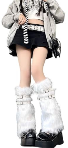 AKAMAS Damen Schwarz Weiß Kunstpelz Beinstulpen,Punk Pelz Beinwärmer Quadrat Schnalle Gürtel Dekor,Warm Winter Plüsch Stulpen,Modische Y2K Beinlinge aus Kunstfell,Karneval Cospaly Verkleidung A
