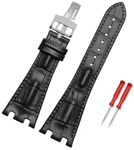 EAMOM Leder-Uhrenarmband für Herren, geeignet für AP Abbey Royal Oak AP15710 15703, Leder-Uhrenkette mit Kerbe, 28 mm(Black silver,Silver Buckle)