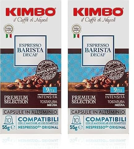 Kimbo Coffee, Espresso Decaf, 10 Aluminium Capsules Compatible with Nespresso Original Machine, Medium Roast, 9/13, Italian Coffee Pods, 1 x 10 (Pack of 2)