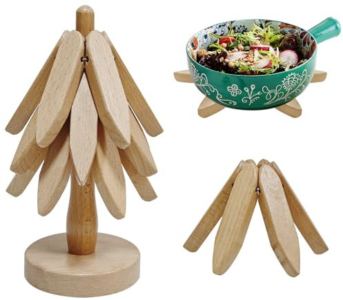 Bukuhlio Dessous de Plat en Bois pour Plats Chauds, Sous-Verres en Forme d'Arbre et Sapin de Noël (3 en Bois + 1 Support) pour Boissons (Couleur Bois)