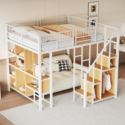 KecDuey Cama alta multifuncional, cama doble de 140 x 200 cm, cama de metal con espacio de almacenamiento, estantes y escaleras, cama para adultos y cuna (blanco)