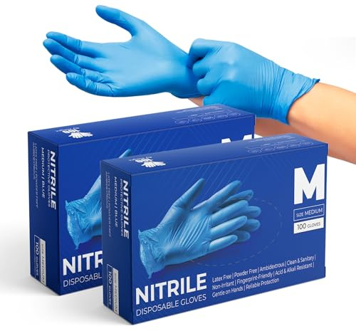 Glovein Disposable Gloves, Pack of 200, Blue Nitrile Gloves, Powder-Free, Latex-Free, Strong with Textured Grip, Multipurpose for Food Handling, Cleaning, Automotive & DIY